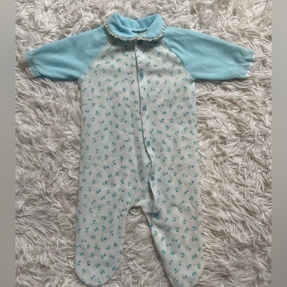Vintage Lullaby Land Retro 80s Sleeper Footie Romper Pajamas Floral Blue Baby Nb